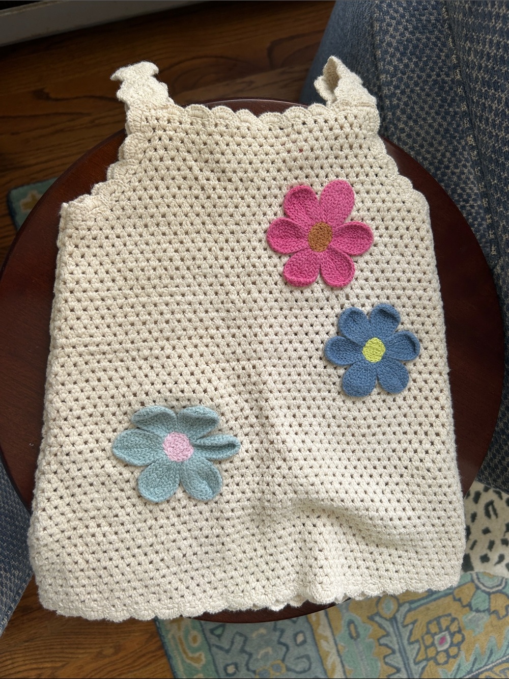 Zara Cream Crochet dress with Pink, Blue and Light Blue Flower Appliques